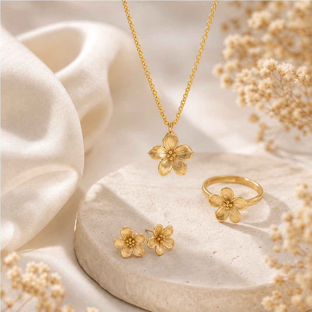 Gouden bloemenset met ketting, ring en oorbellen