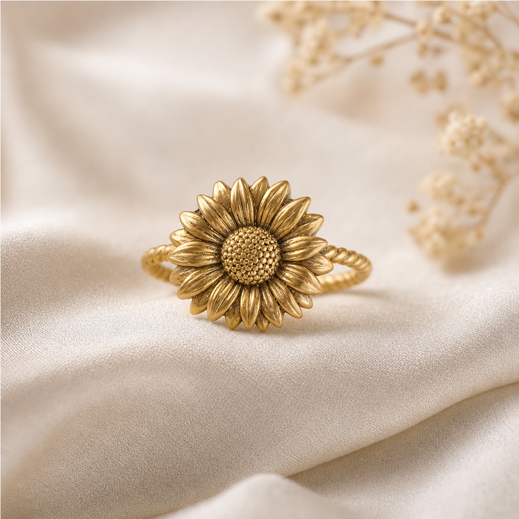 Gouden zonnebloemring op crèmekleurige stof